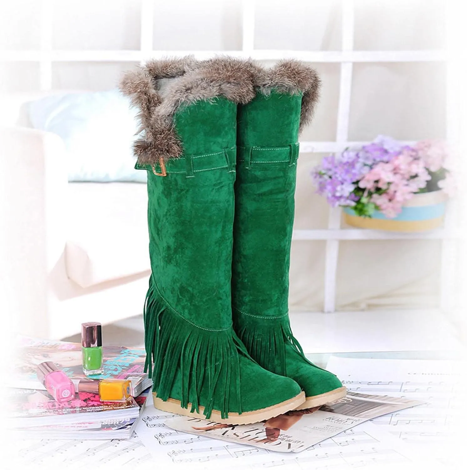 Flat Snow Boots for Women - Fashion Plush Fringed Pointed Toe Belt Buckle Slip-on Knee High Boots Winter Solid Velvet Warm Riding Boots Shoes