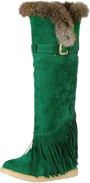 Flat Snow Boots for Women - Fashion Plush Fringed Pointed Toe Belt Buckle Slip-on Knee High Boots Winter Solid Velvet Warm Riding Boots Shoes