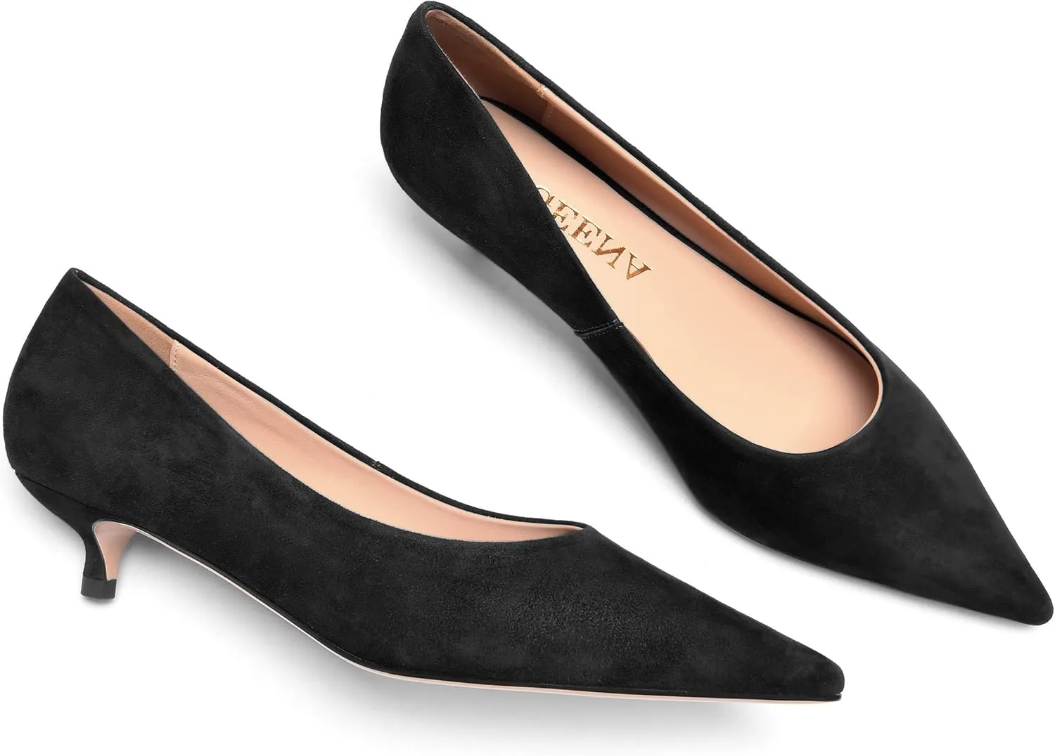 FOGEENA Womens Wedding Pointed Toe Slip On Dress Suede Leather Kitten Low Heel Pumps Shoes 1.5 Inch