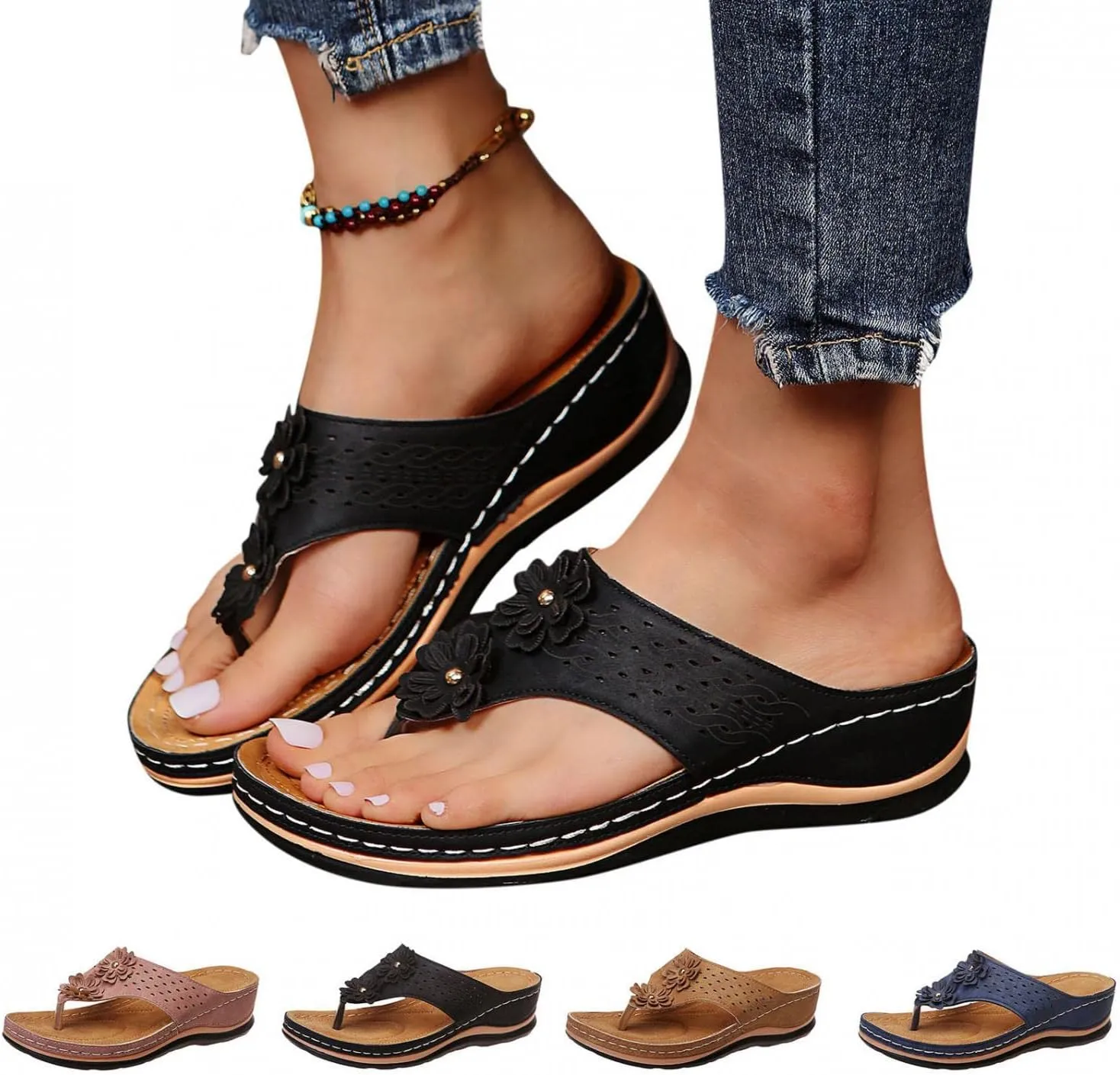 Gibobby Sandals for Women Wedge Sandals with Arch Support Summer Platform Bohemia Flip Flops Flat Shoes Casual Thong Sandals