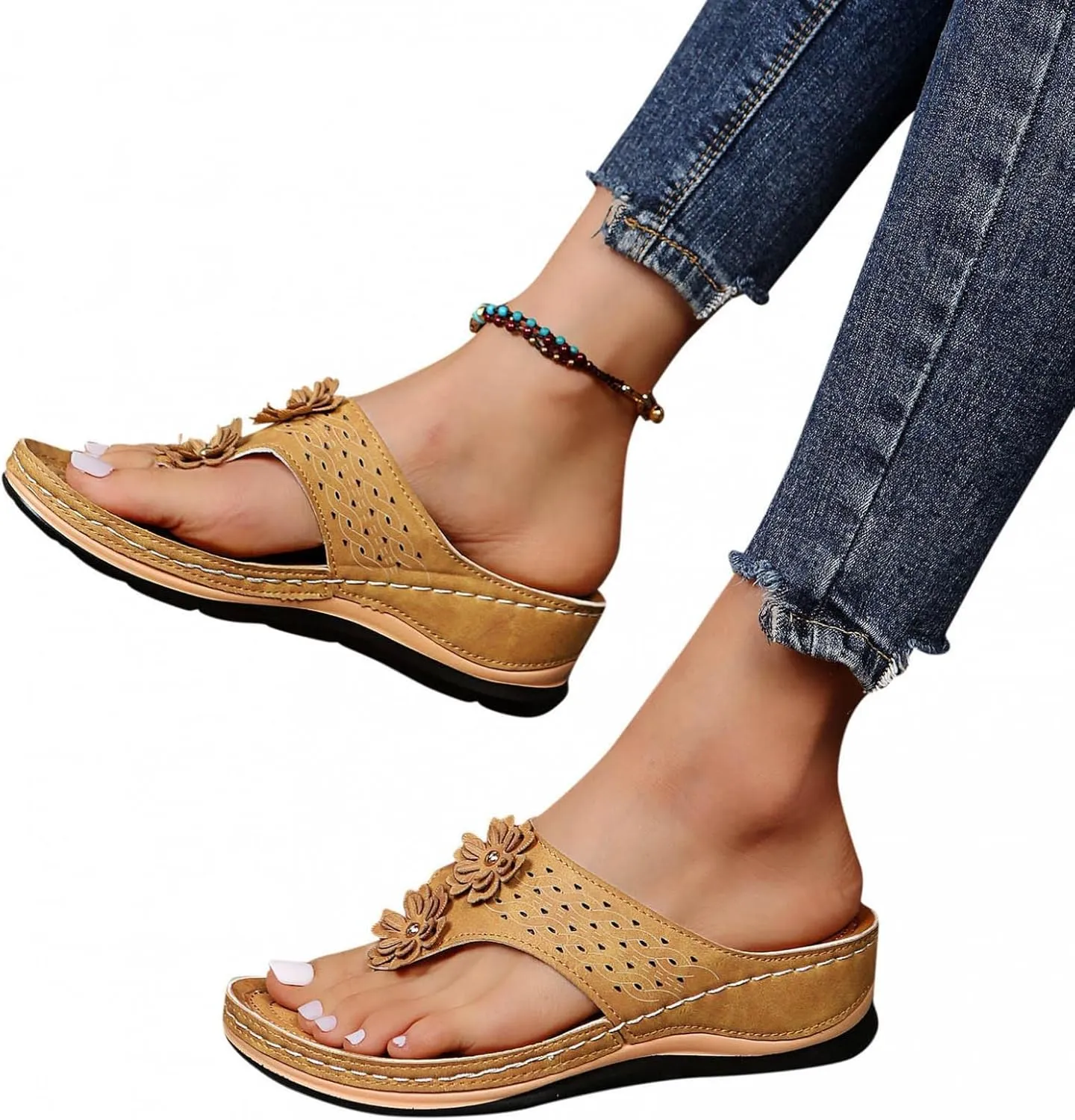 Gibobby Sandals for Women Wedge Sandals with Arch Support Summer Platform Bohemia Flip Flops Flat Shoes Casual Thong Sandals
