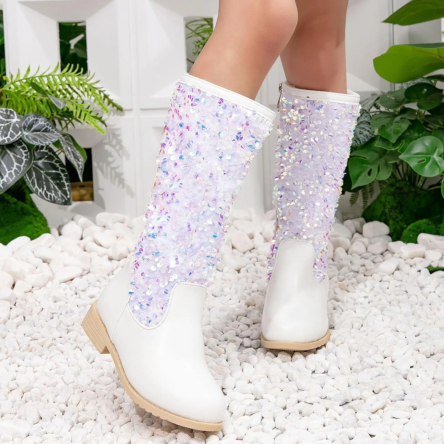 Girls Cowgirl Boots Mid Calf Square Toe Western Boot for Kids Sparkly Glitter Cowboy Boots Toddler Girls Party Shoes