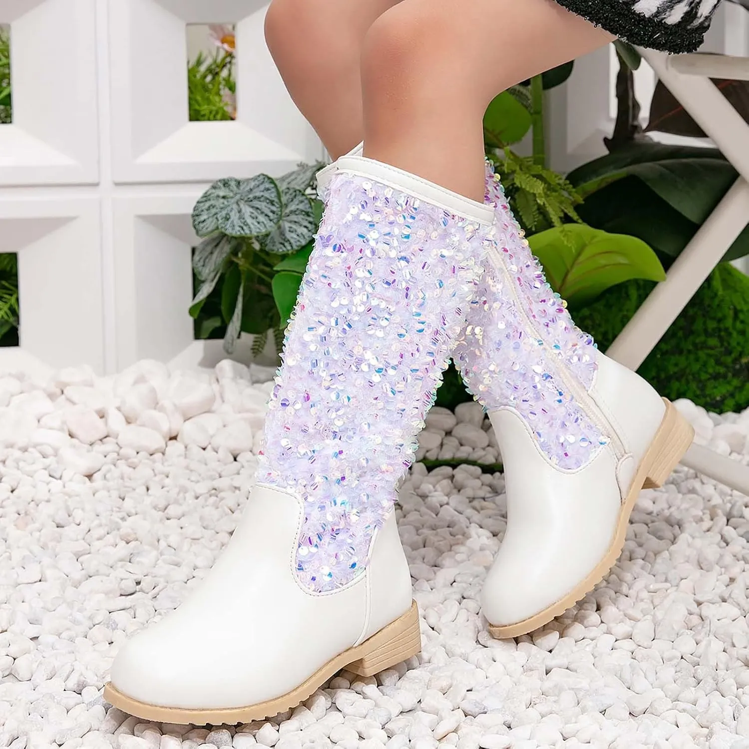 Girls Cowgirl Boots Mid Calf Square Toe Western Boot for Kids Sparkly Glitter Cowboy Boots Toddler Girls Party Shoes