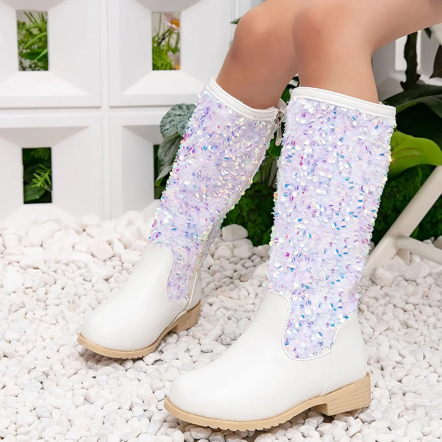 Girls Cowgirl Boots Mid Calf Square Toe Western Boot for Kids Sparkly Glitter Cowboy Boots Toddler Girls Party Shoes