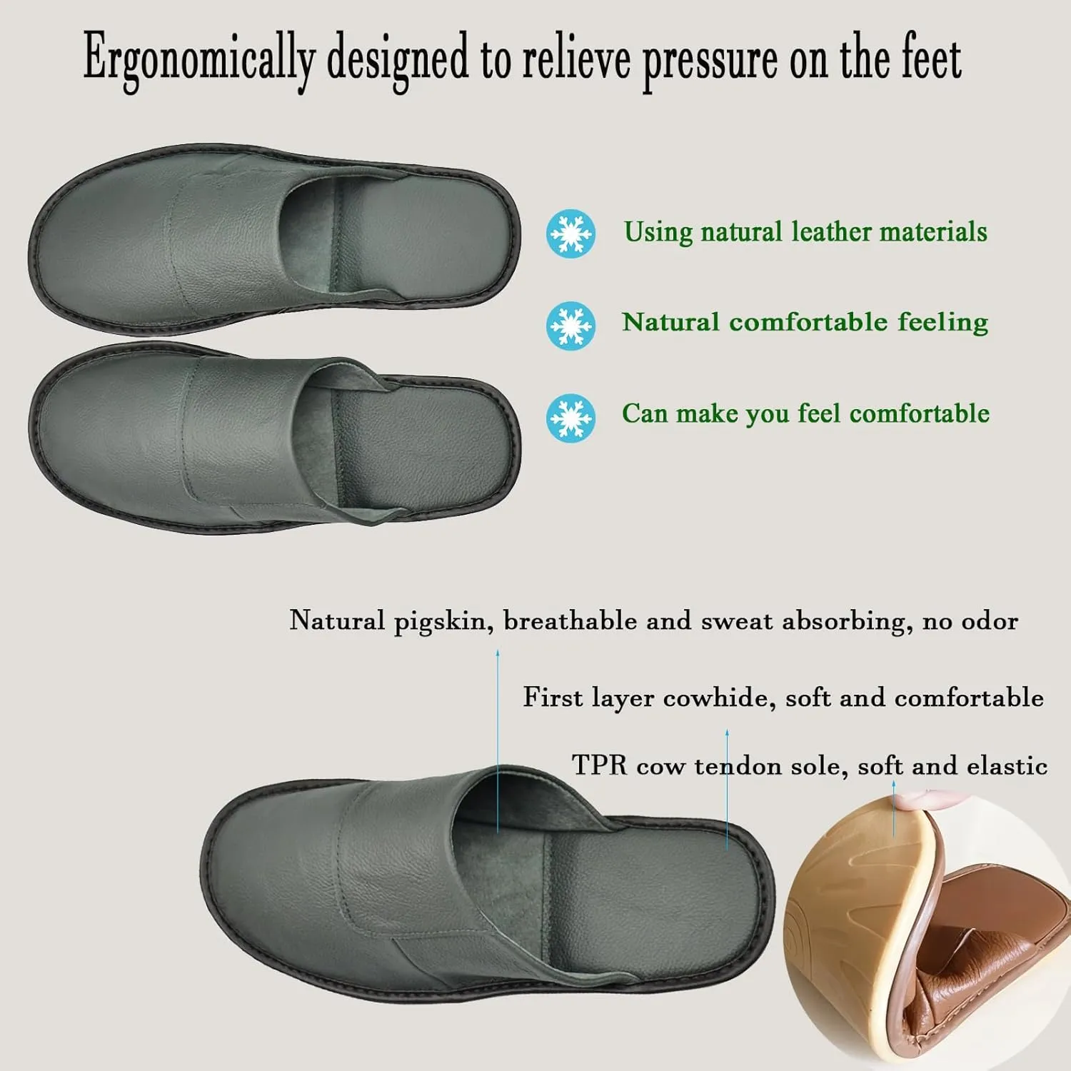 Hwayslon Leather Slippers Men's Women's Leather Room Shoes Natural Cowhide Luxury Solid Color Unisex