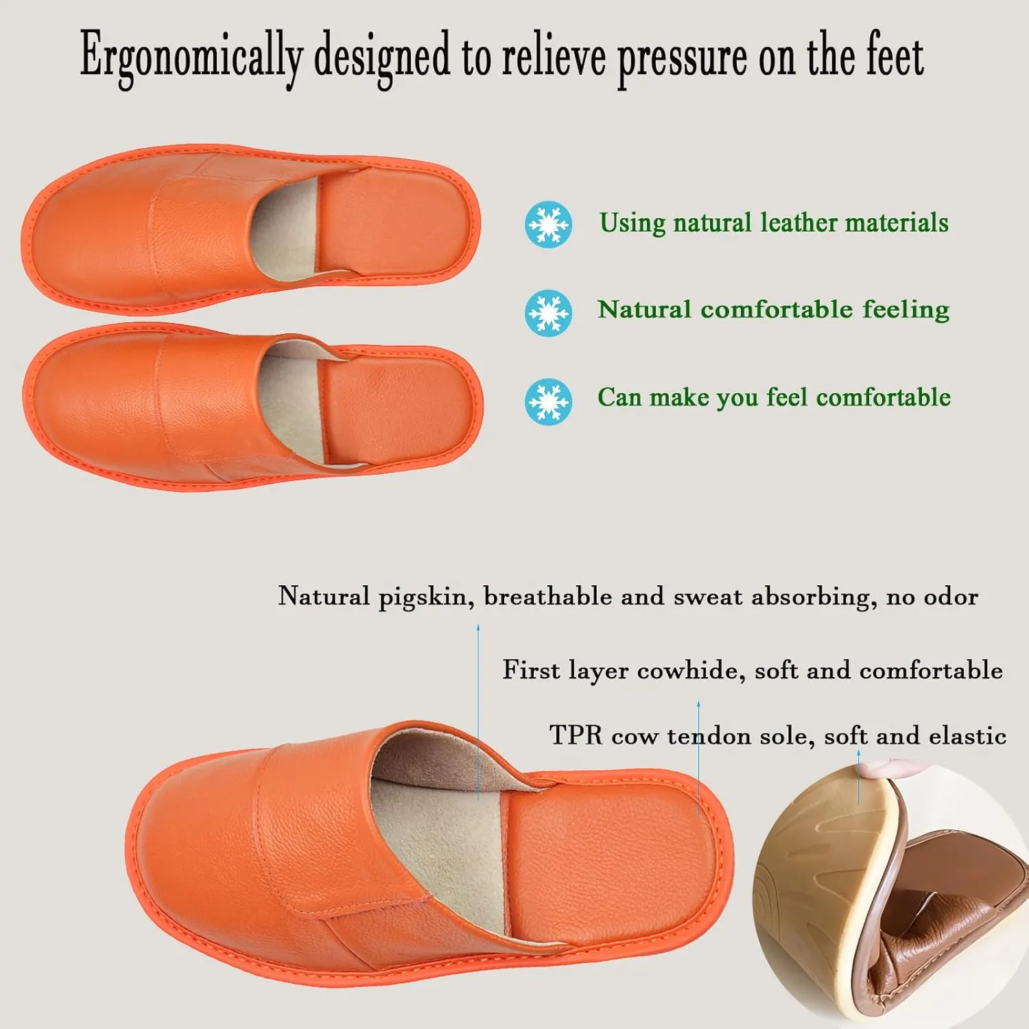 Hwayslon Leather Slippers Men's Women's Leather Room Shoes Natural Cowhide Luxury Solid Color Unisex