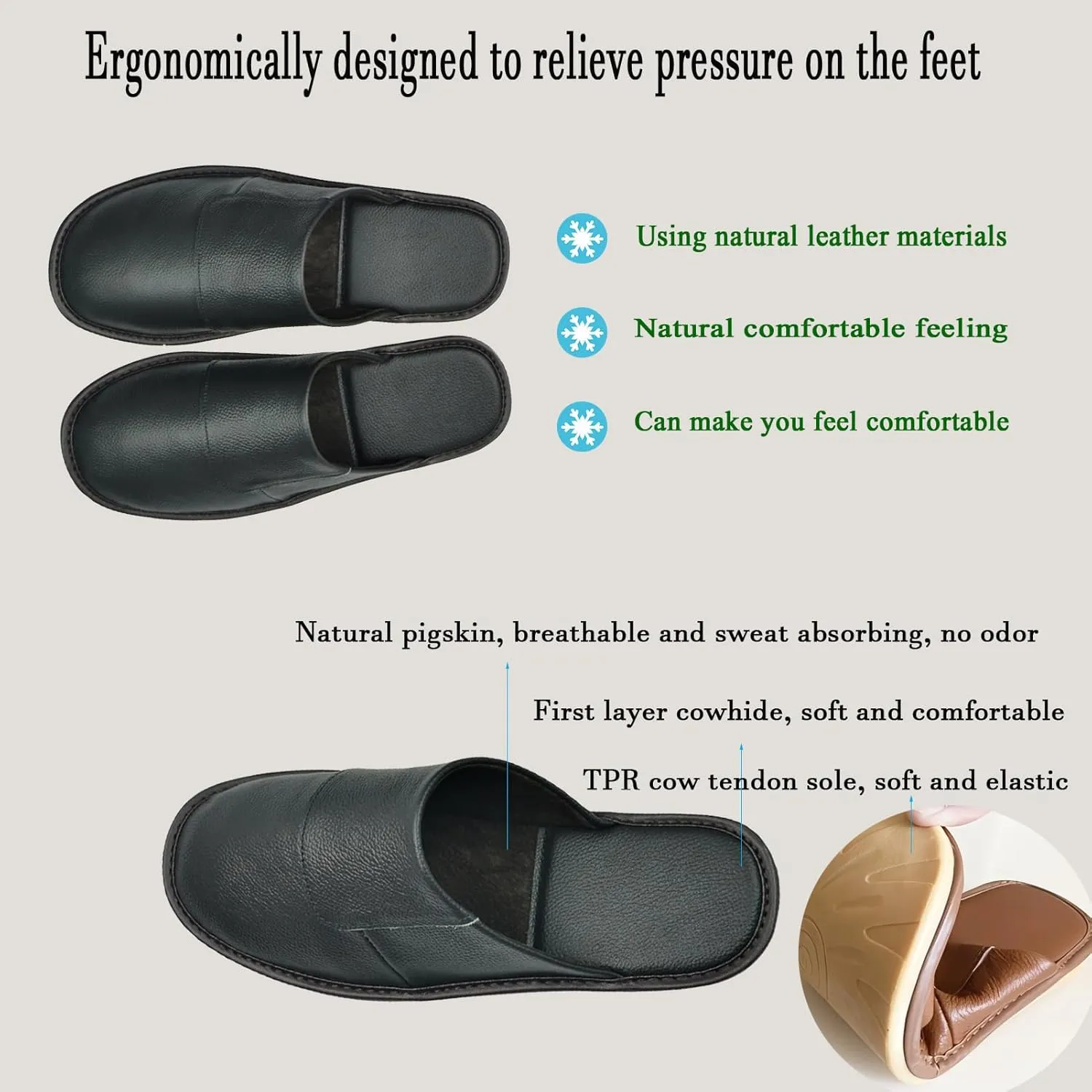Hwayslon Leather Slippers Men's Women's Leather Room Shoes Natural Cowhide Luxury Solid Color Unisex