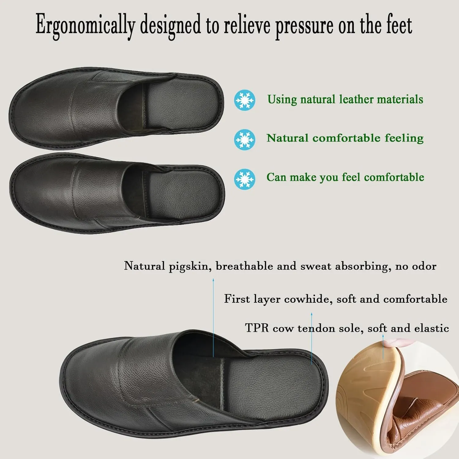 Hwayslon Leather Slippers Men's Women's Leather Room Shoes Natural Cowhide Luxury Solid Color Unisex