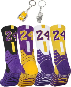 Joinfine #24 Sport 4 Pairs Elite Basketball Socks Athletic Sock Basketball Fans Crew Socks Gift for Men Women, One Size