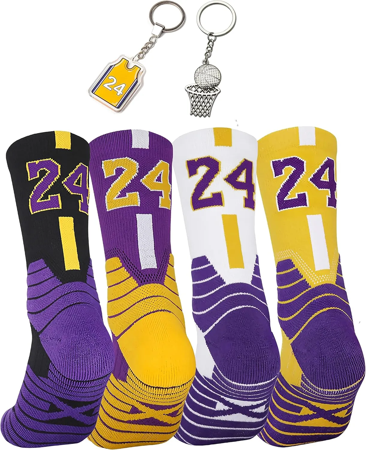 Joinfine #24 Sport 4 Pairs Elite Basketball Socks Athletic Sock Basketball Fans Crew Socks Gift for Men Women, One Size