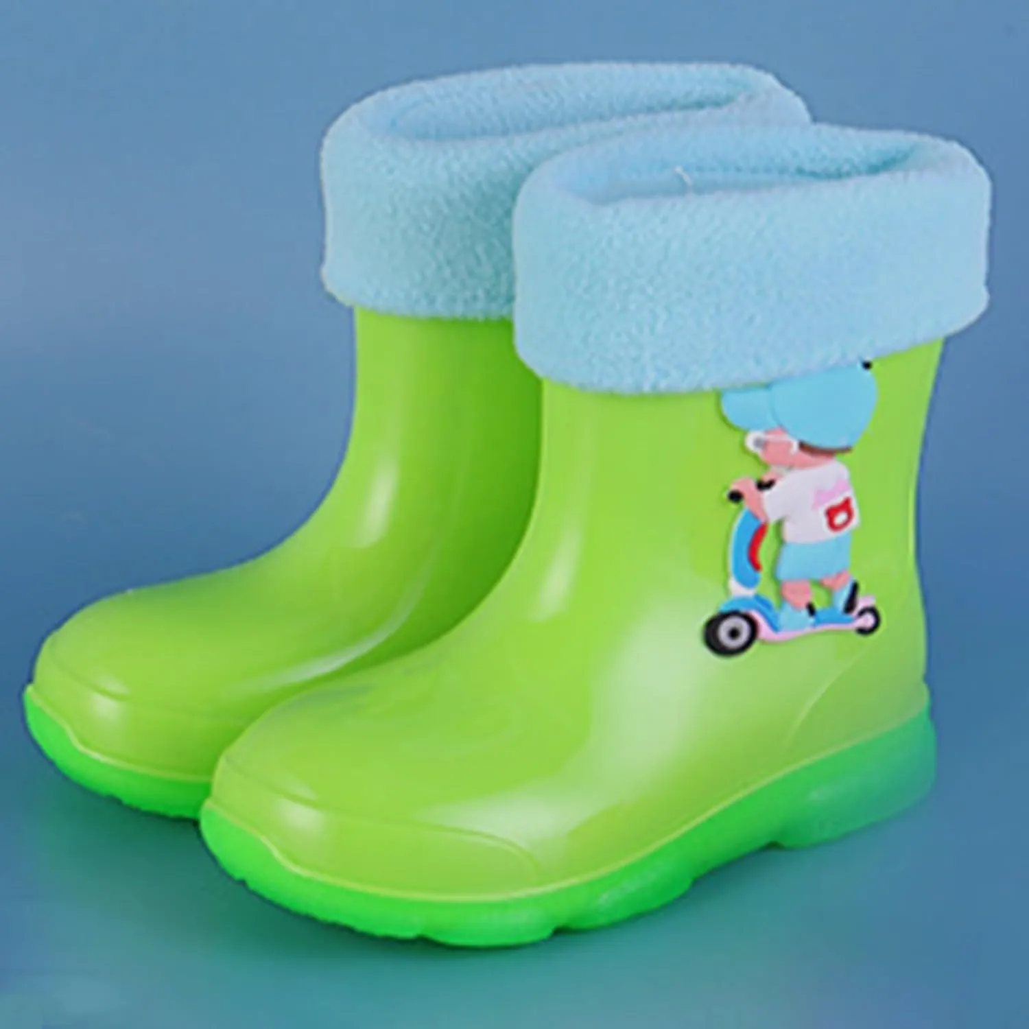Kids Fleece Lined Rain Boots for Girls Boys Toddler Waterproof Cute Cartoon Pattern Platform Mud Rubber Boots