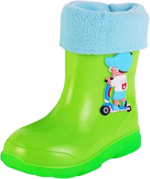 Kids Fleece Lined Rain Boots for Girls Boys Toddler Waterproof Cute Cartoon Pattern Platform Mud Rubber Boots