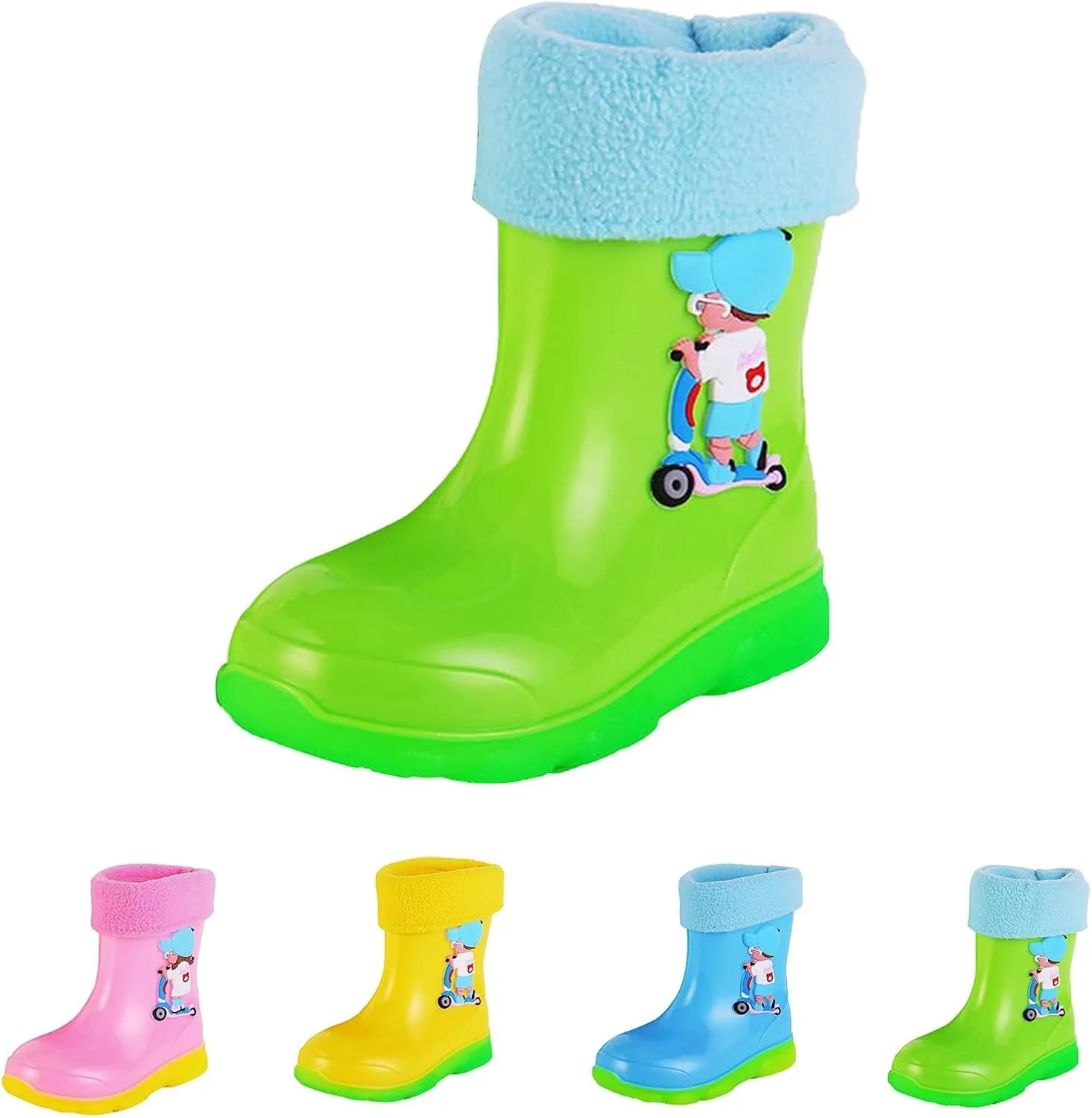 Kids Fleece Lined Rain Boots for Girls Boys Toddler Waterproof Cute Cartoon Pattern Platform Mud Rubber Boots