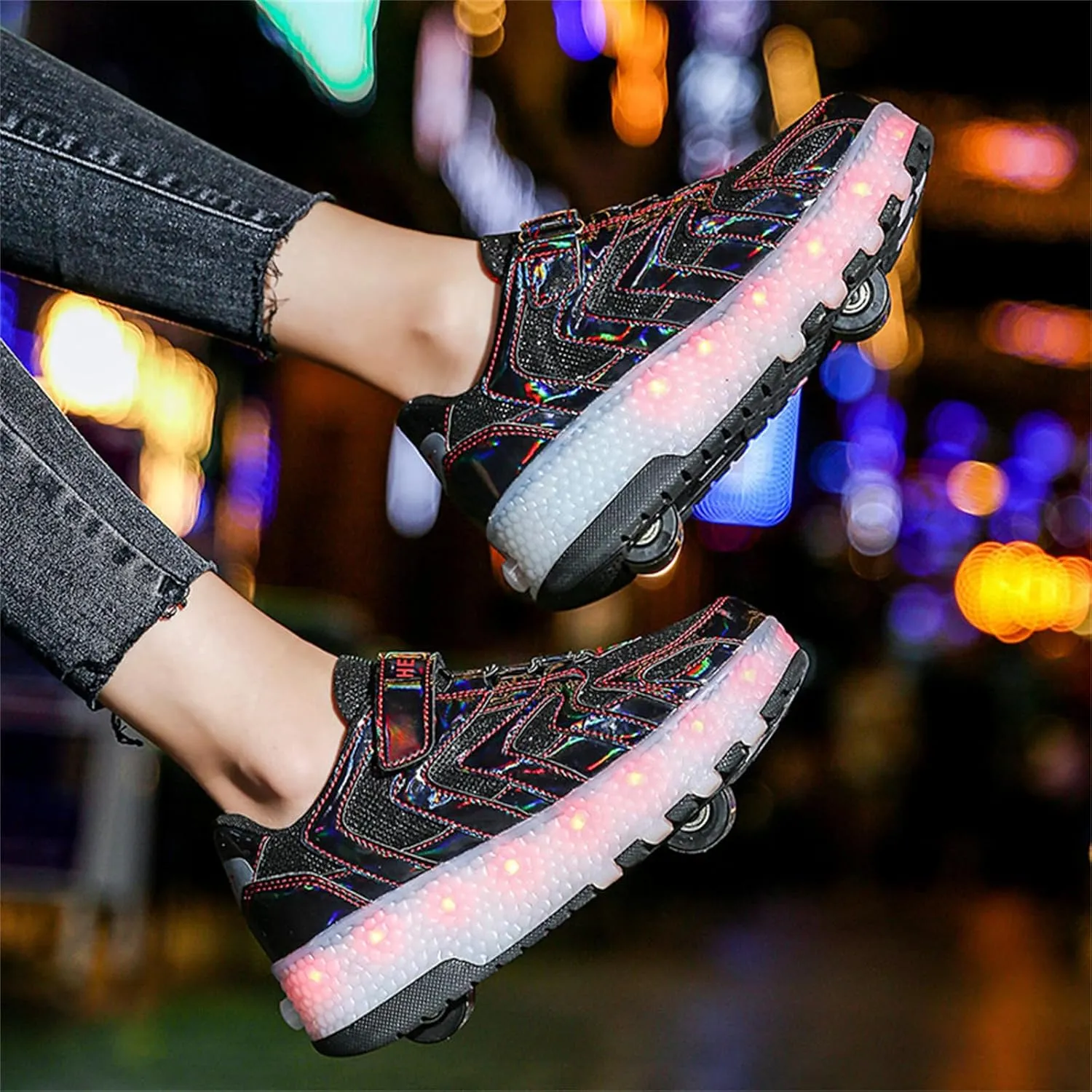Kids Roller Skates Shoes Sneakers for Boys & Girls, Outdoor Parkour Shoes with 2 Wheels Unisex Skateboarding Shoe Retractable Skating Shoes for Children's Park Walking Sports