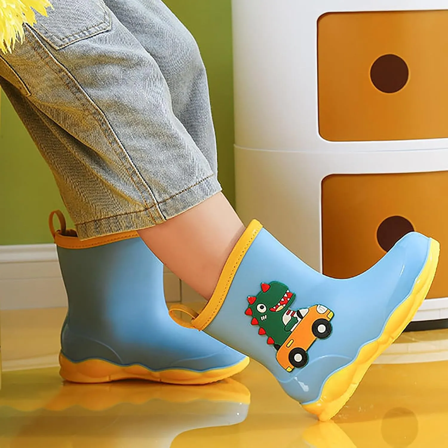 Kids Rubber Cartoon Rain Boots Toddler Shoes Cute Cartoon Dinosaur Waterproof Outdoor Boots for Boys Girls