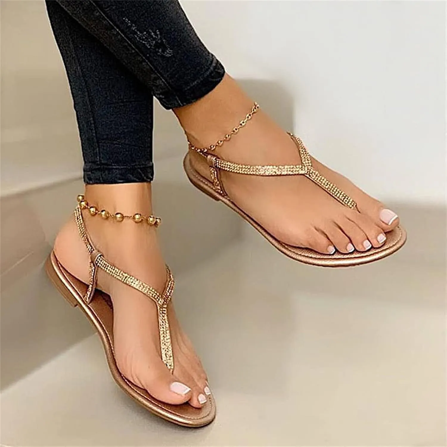 Ladmiple Sandals Women Comfortable Dressy Flat Sandals Summer Stappy Ankle Strap T-Strap Beach Casual Thong Flip Flops