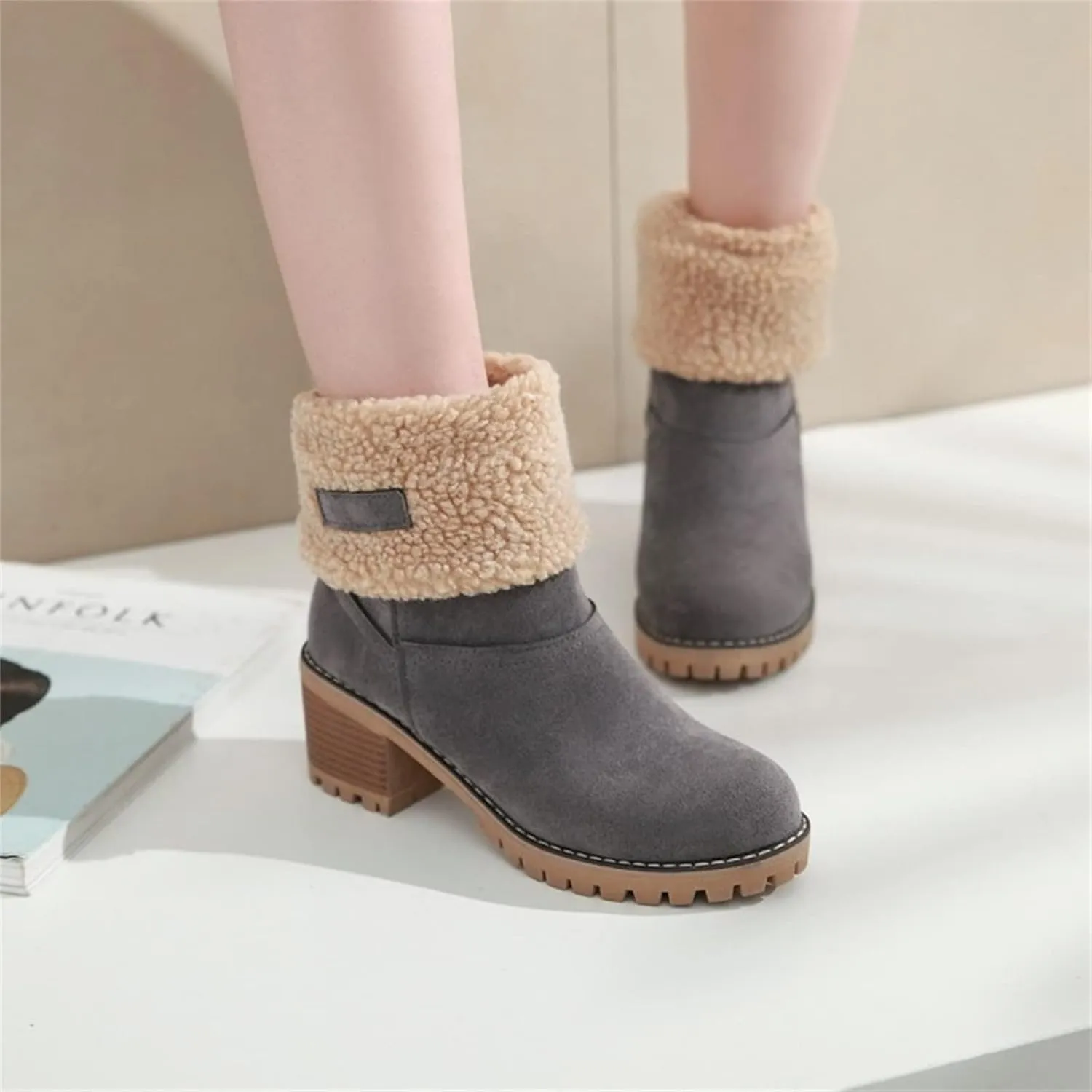 Ladmiple Snow Boots For Women Cute Wide Calf Winter Boots Classic Faux Fur Lined Slip On Fashion Casual Warm Ankle Booties