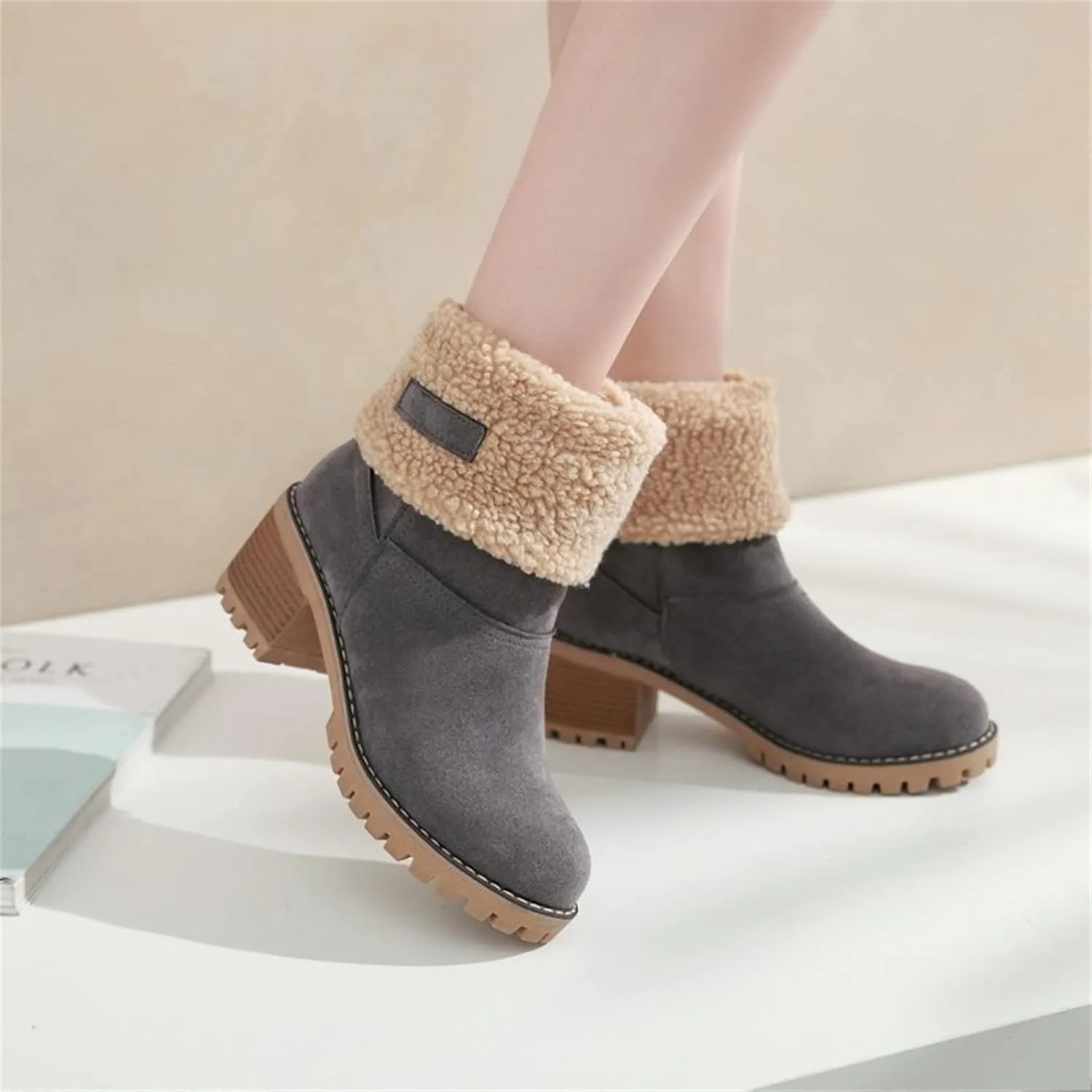 Ladmiple Snow Boots For Women Cute Wide Calf Winter Boots Classic Faux Fur Lined Slip On Fashion Casual Warm Ankle Booties