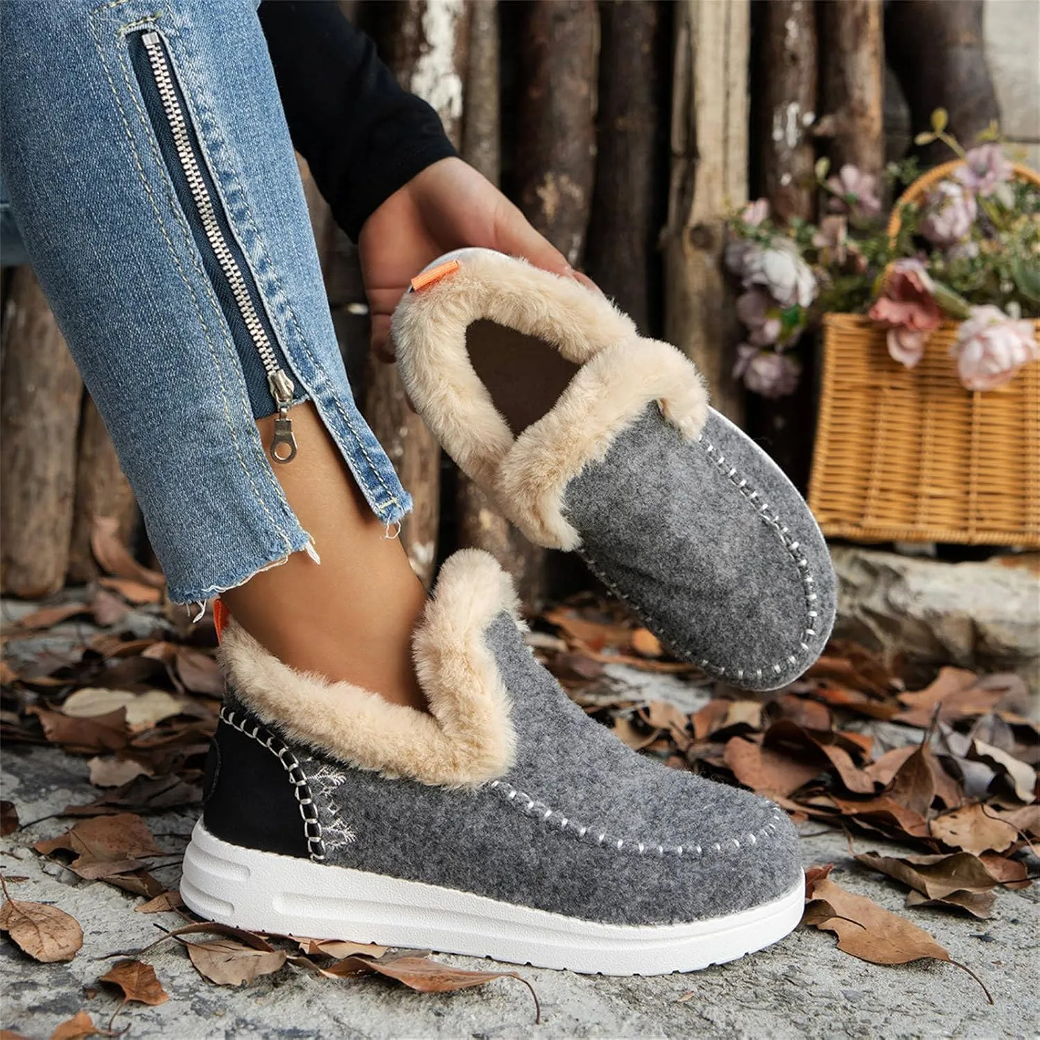 Ladmiple Winter Boots For Women 2024 Dressy Warm Fur Lined Snow Boots Short Ankle Booties Slip On Comfortable Loafers Shoes