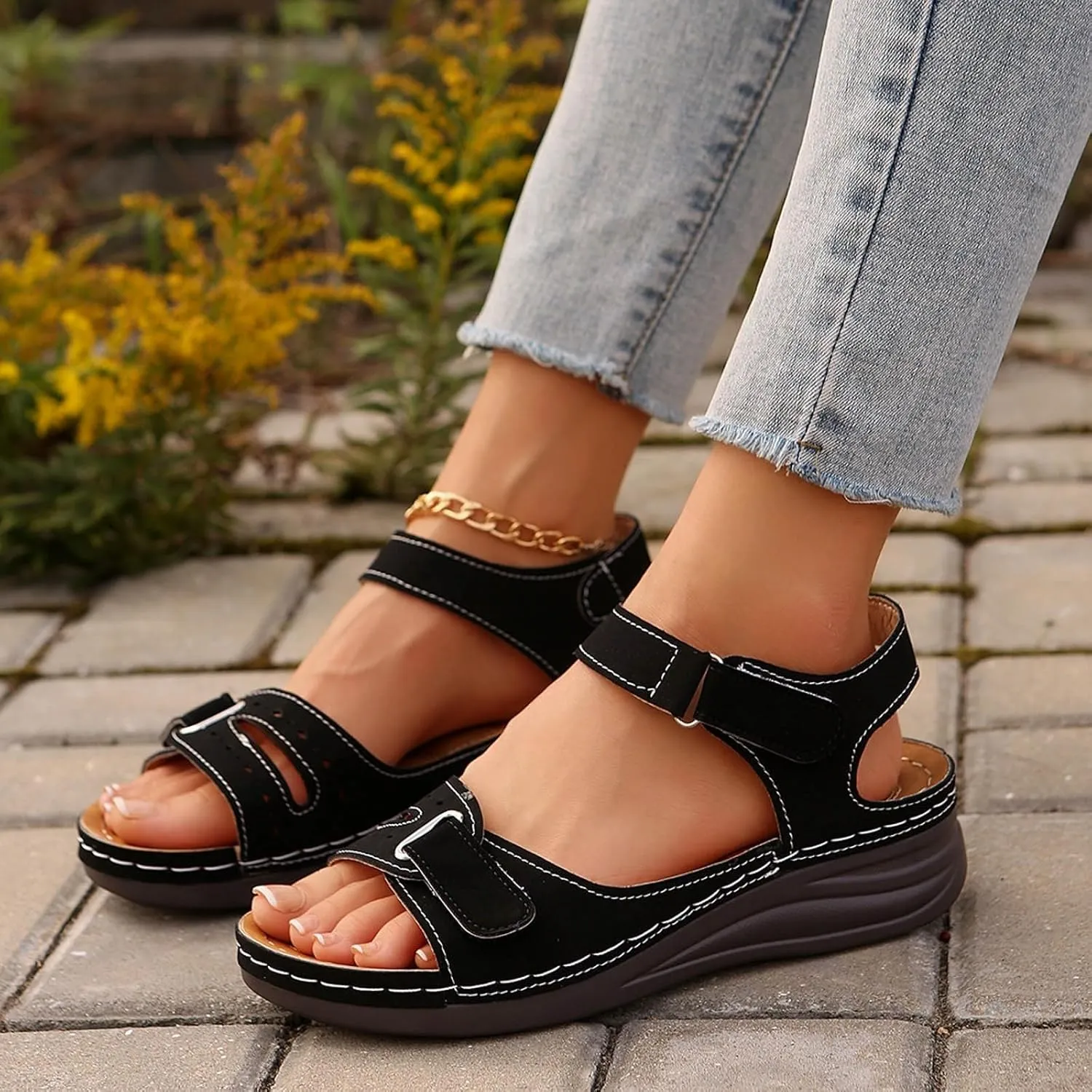 Low Heel Sandals for Women Dressy Arch Support Slippers Open Toe Wedge Ankle Strap Sandals Adjustable Strap Sandals