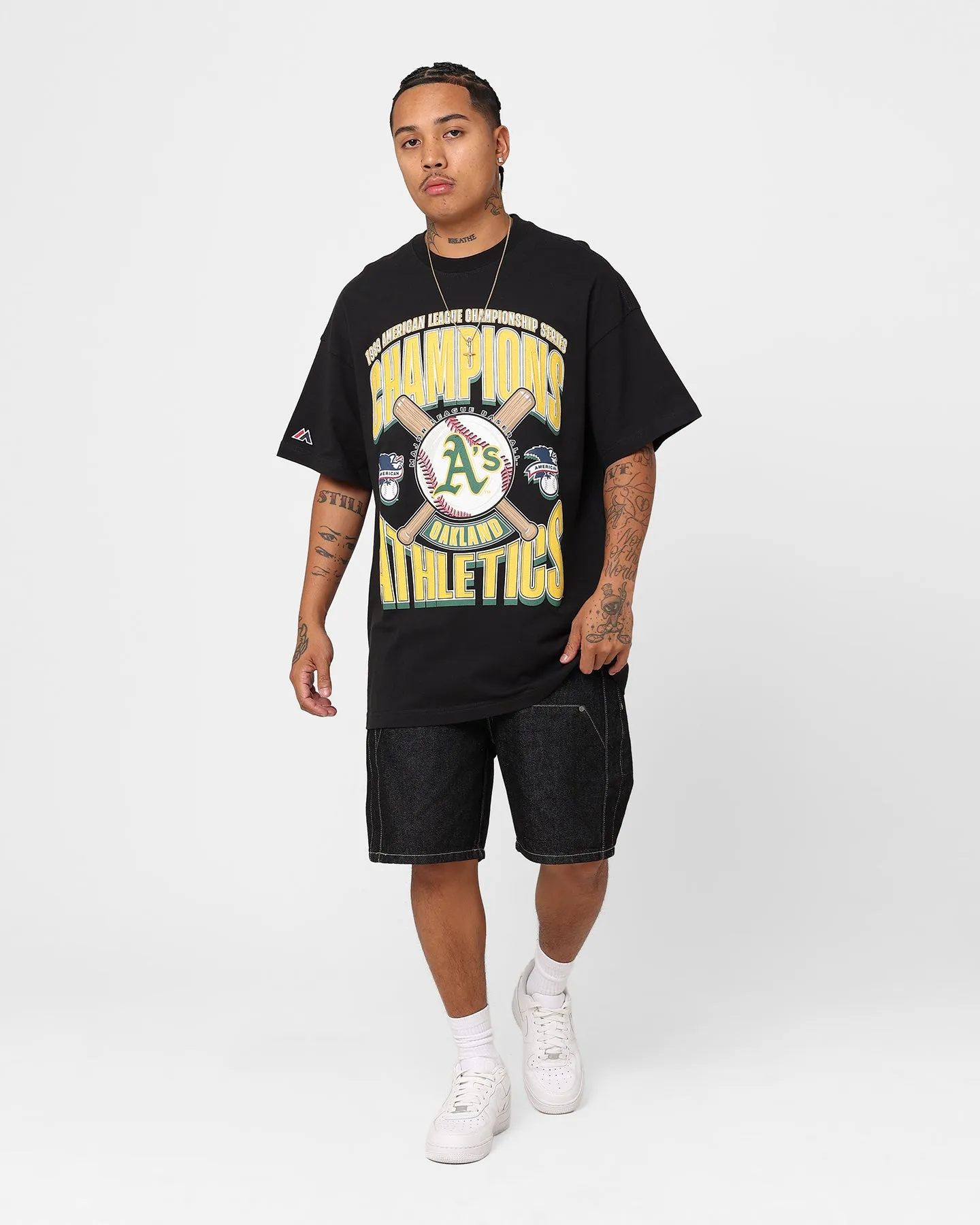 Majestic Athletic Oakland Athletics League Champs Boxy Oversized T-Shirt Faded Black