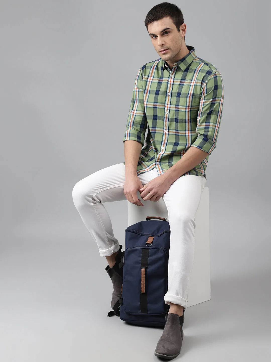 Men's Big Plaid Slim Fit Cotton Casual Shirt With Single Patch Pocket