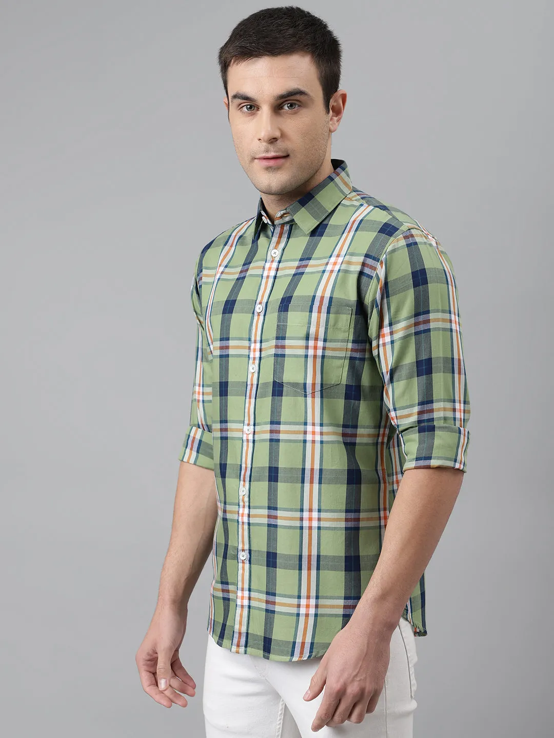 Men's Big Plaid Slim Fit Cotton Casual Shirt With Single Patch Pocket