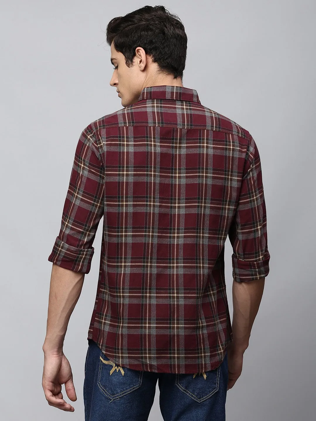 Men's Button Down Collar Slim Fit Checks Blue Casual Shirt