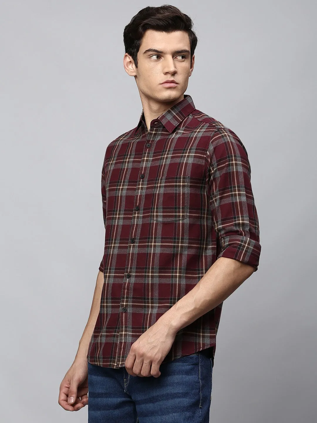 Men's Button Down Collar Slim Fit Checks Blue Casual Shirt