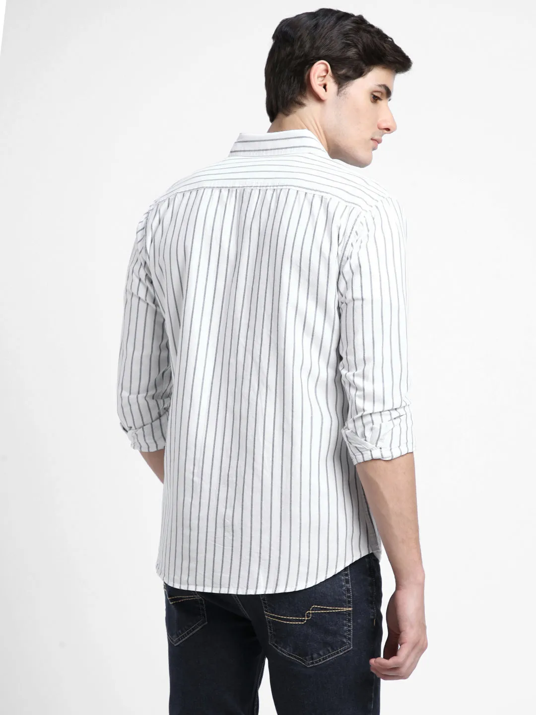 Men's Button Down Collar Slim Fit Stripes White Casual Shirts
