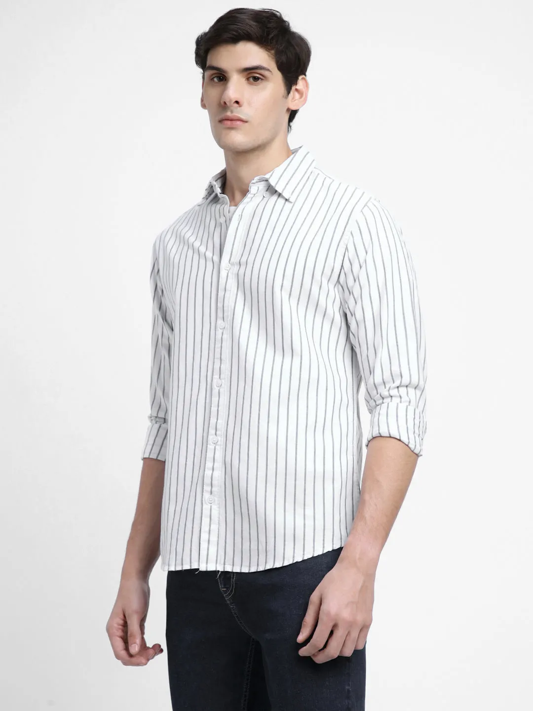 Men's Button Down Collar Slim Fit Stripes White Casual Shirts