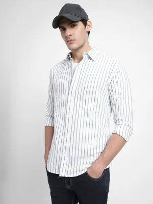 Men's Button Down Collar Slim Fit Stripes White Casual Shirts