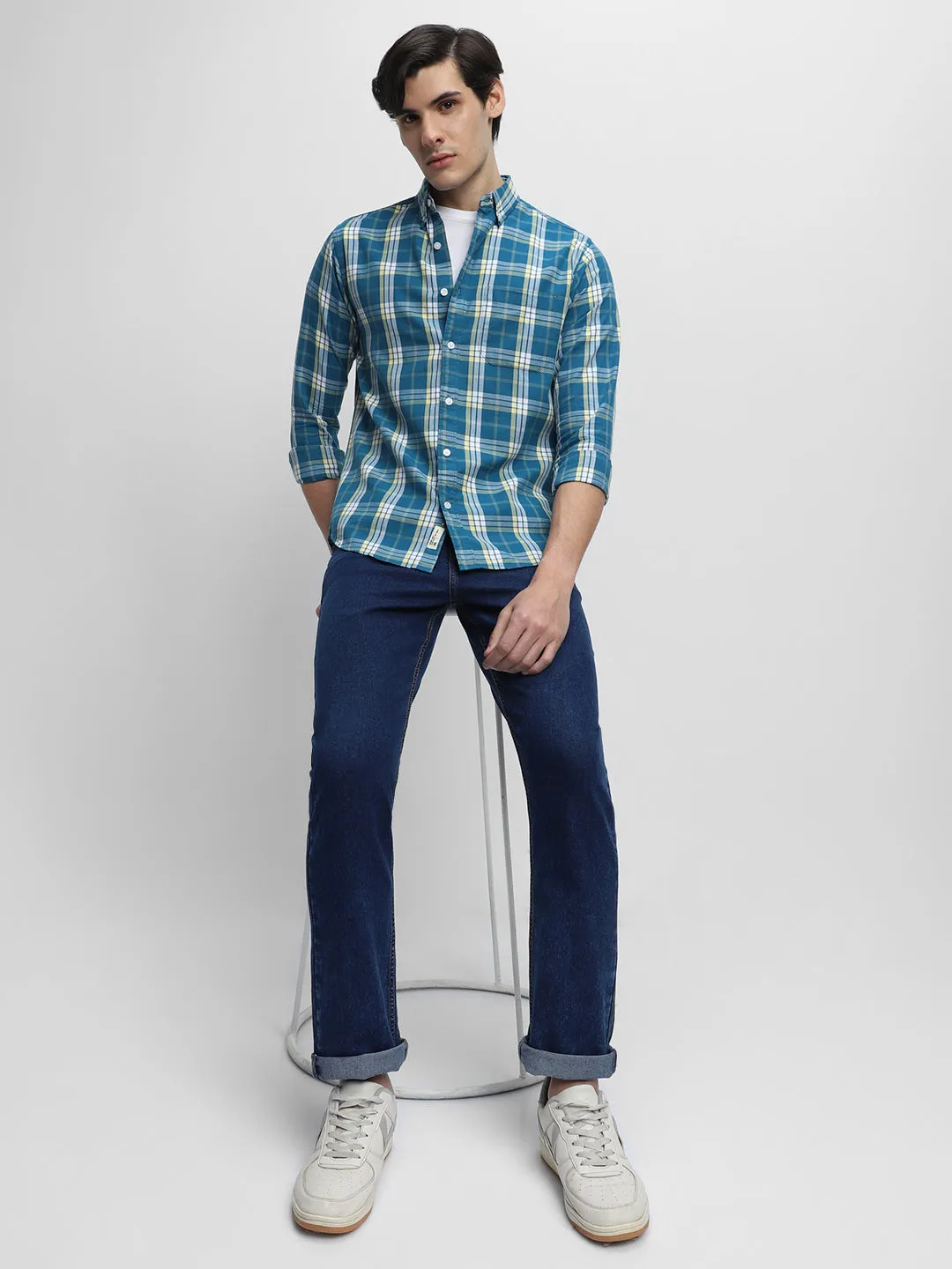 Men's Button-Down Collar Slim Fit Tartan Checks Opaque Cotton Casual Shirt