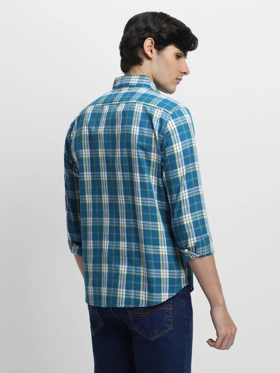Men's Button-Down Collar Slim Fit Tartan Checks Opaque Cotton Casual Shirt