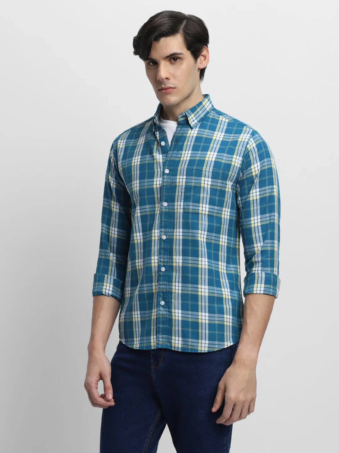Men's Button-Down Collar Slim Fit Tartan Checks Opaque Cotton Casual Shirt