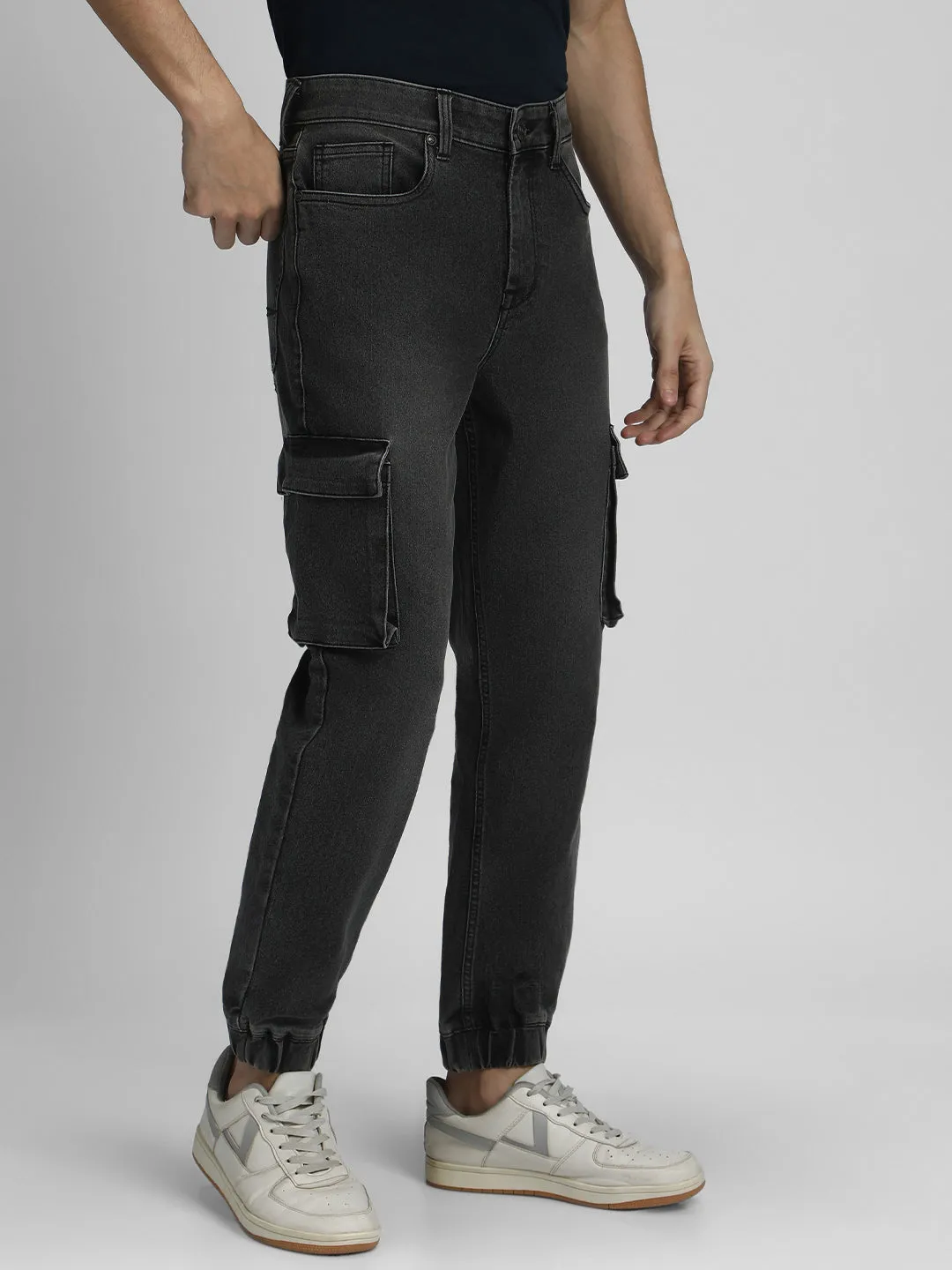 Men's Cargo Jogger Fit Washed Grey Stretchable Jeans