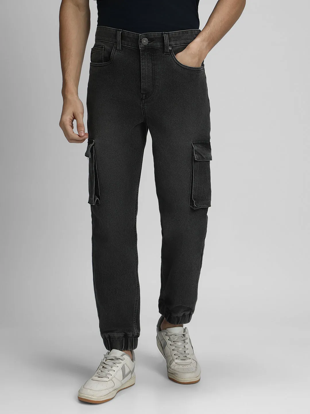 Men's Cargo Jogger Fit Washed Grey Stretchable Jeans