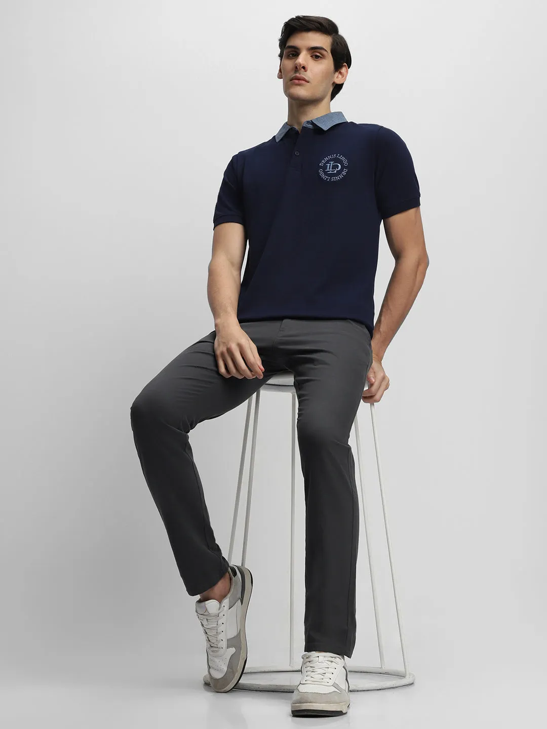 Men's Chambray Collar Regular Fit Solid Navy T-shirt