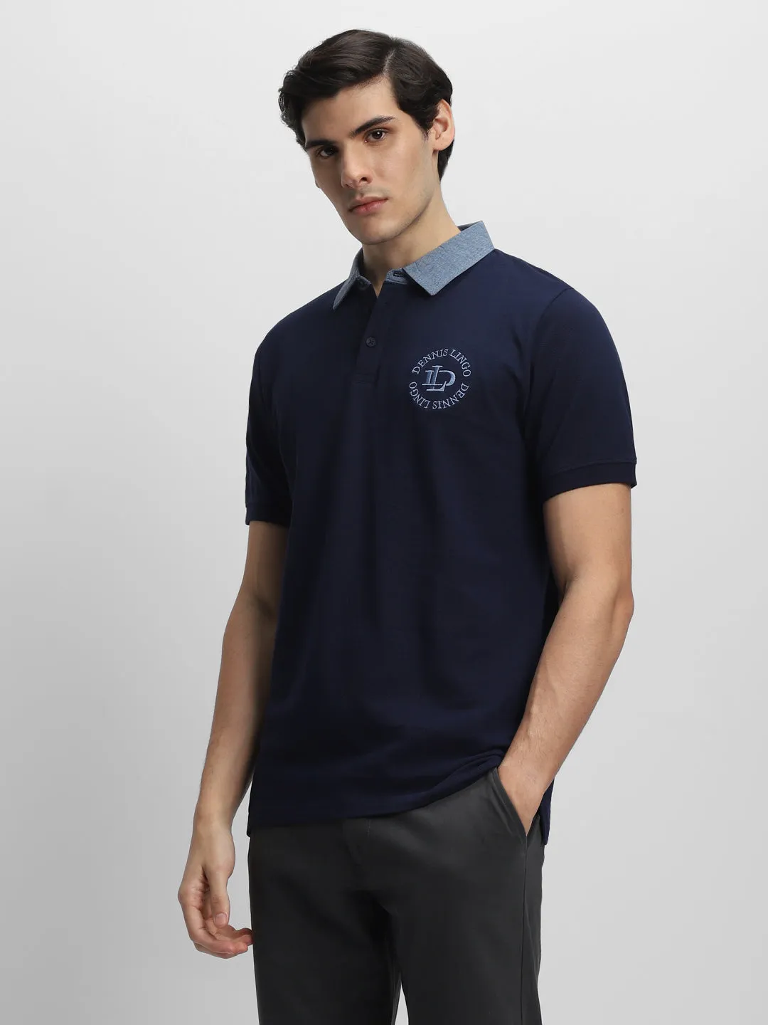 Men's Chambray Collar Regular Fit Solid Navy T-shirt