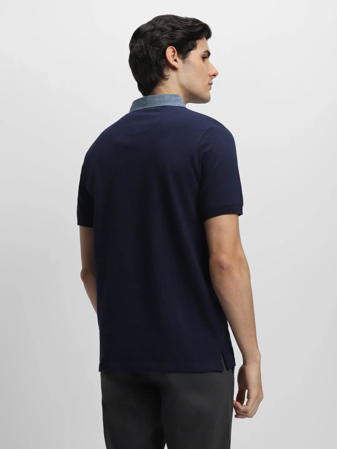 Men's Chambray Collar Regular Fit Solid Navy T-shirt