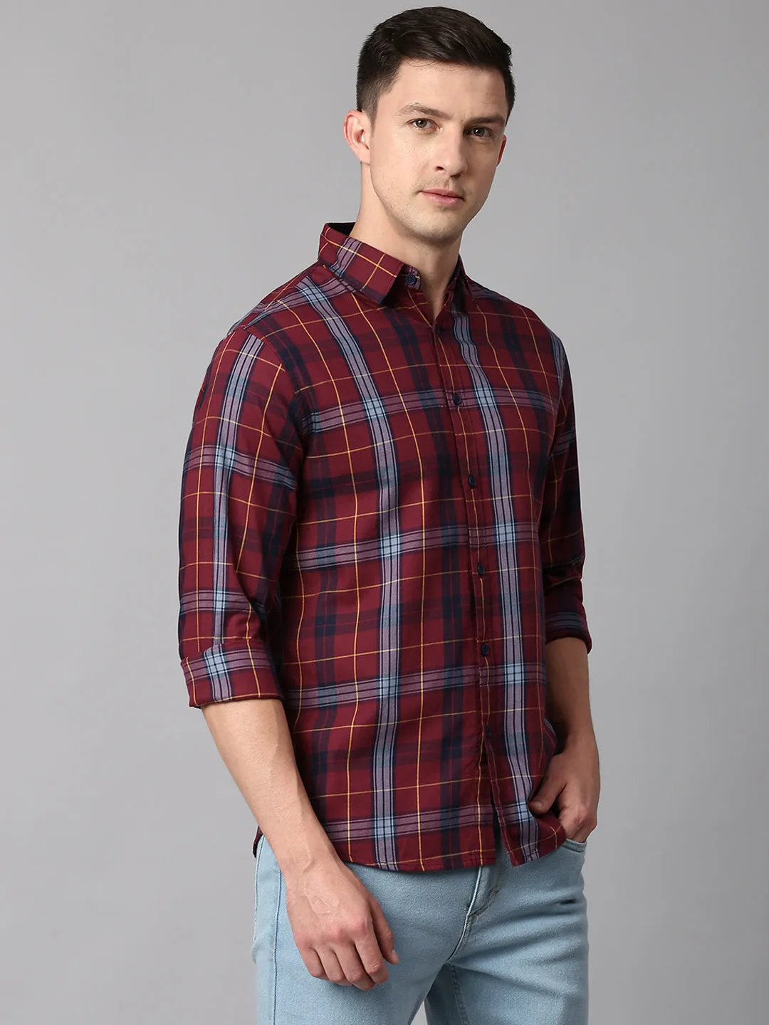 Men's Checkered Maroon Slim Fit Casual Shirt With Spread Collar