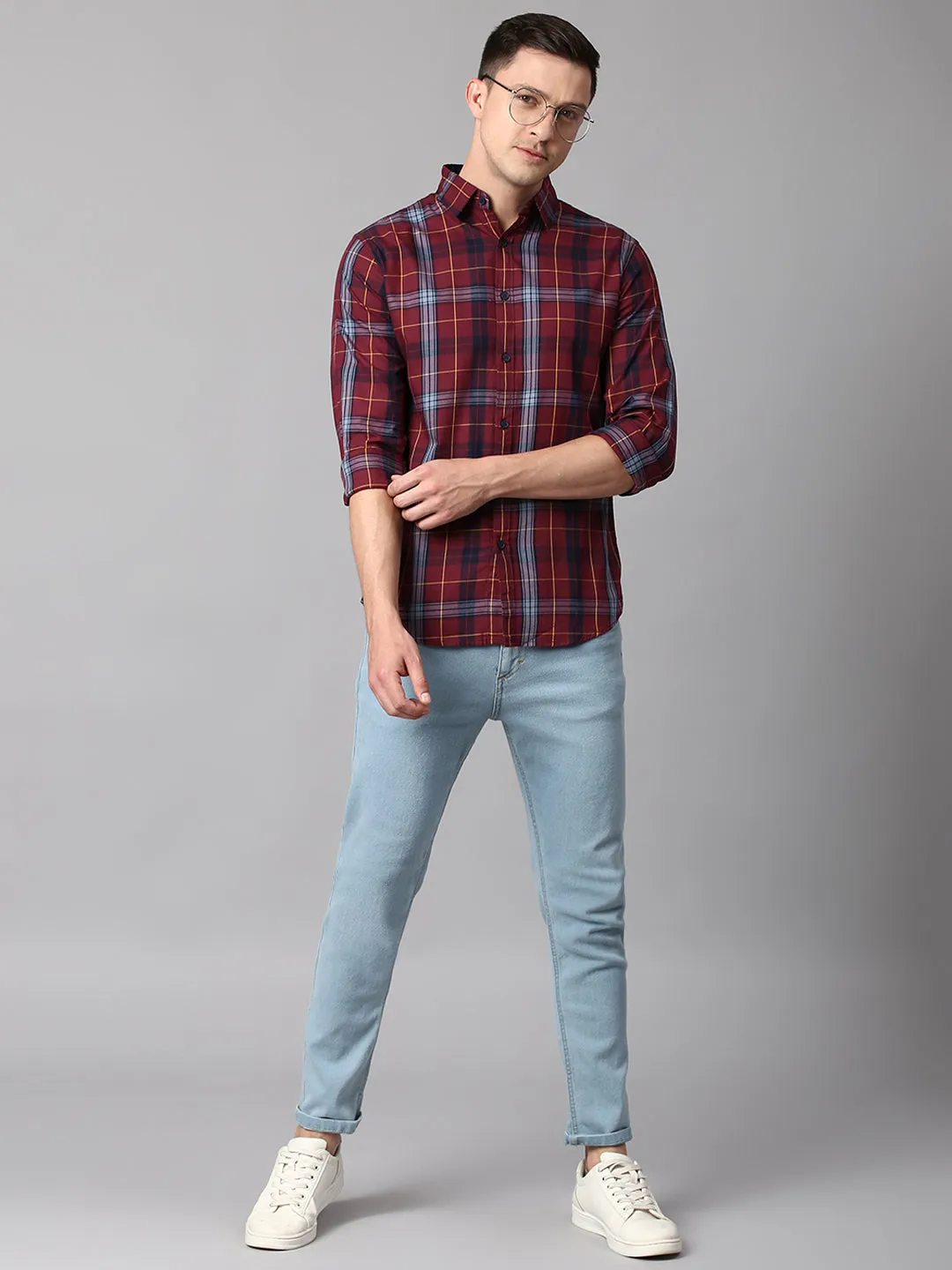 Men's Checkered Maroon Slim Fit Casual Shirt With Spread Collar
