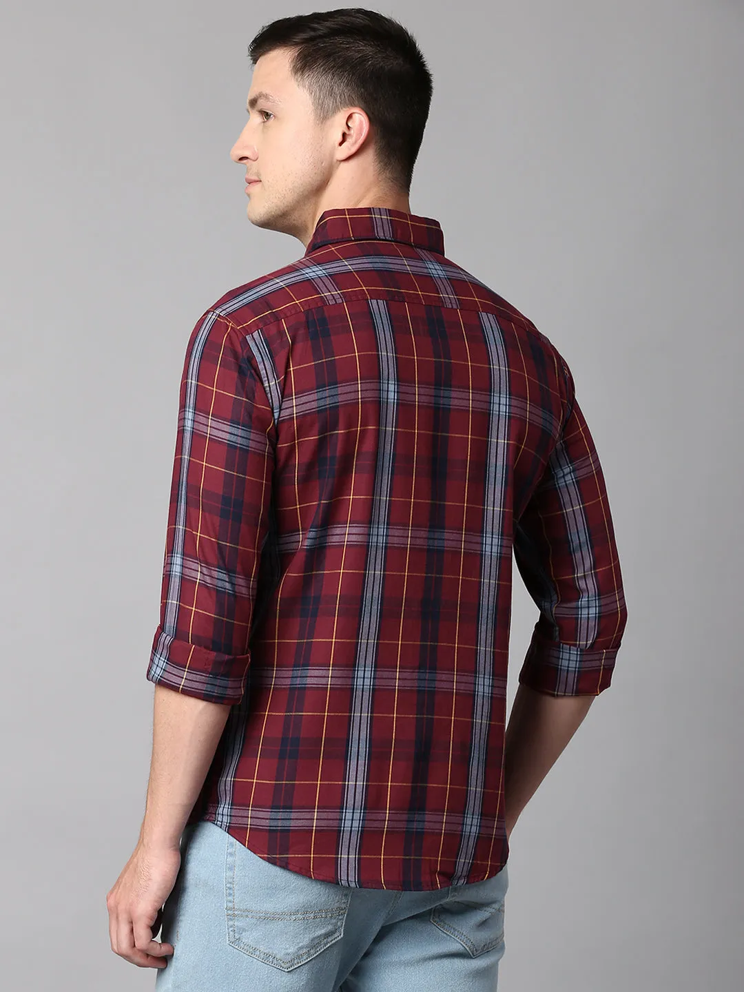 Men's Checkered Maroon Slim Fit Casual Shirt With Spread Collar