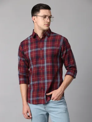 Men's Checkered Maroon Slim Fit Casual Shirt With Spread Collar