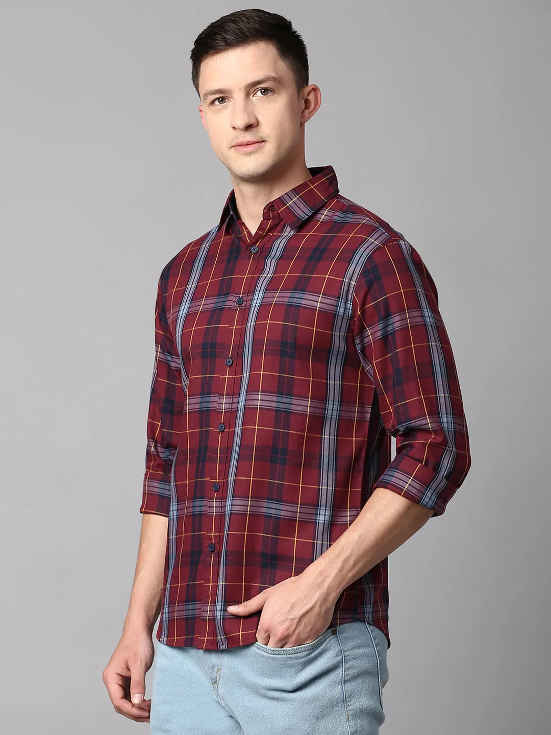 Men's Checkered Maroon Slim Fit Casual Shirt With Spread Collar