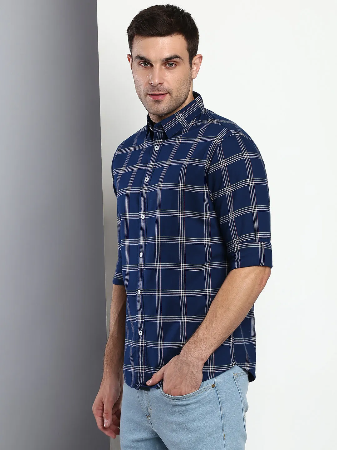 Men's Checkered Navy Slim Fit Cotton Casual Shirt With Spread Collar & Full Sleeves