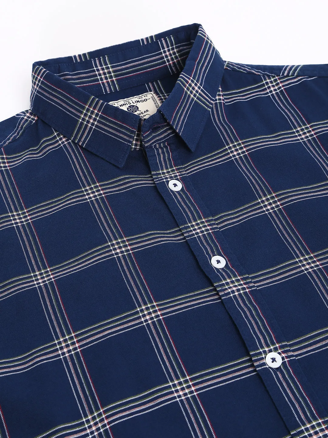Men's Checkered Navy Slim Fit Cotton Casual Shirt With Spread Collar & Full Sleeves