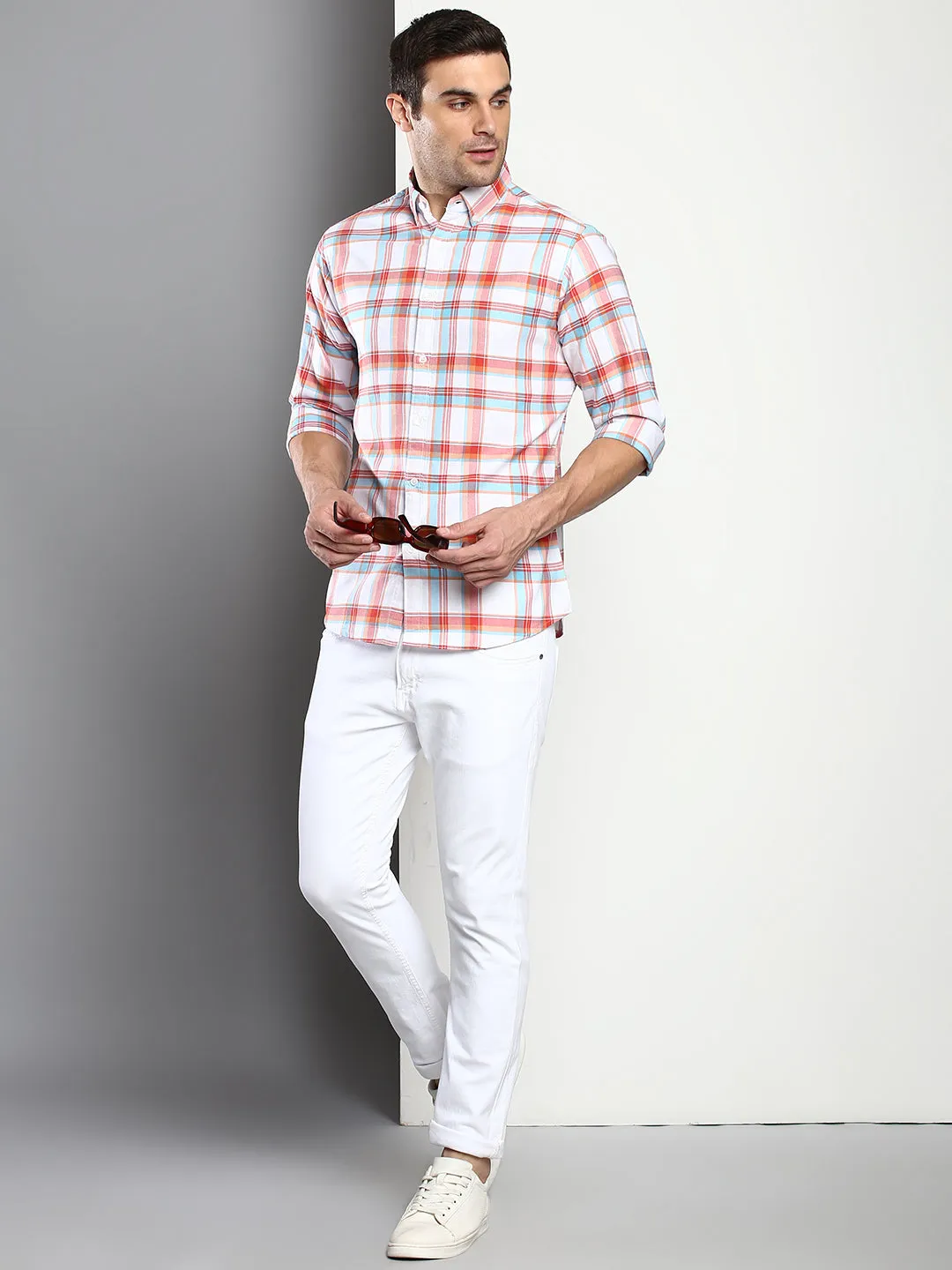 Men's Checkered Red Slim Fit Oxford Cotton Casual Shirt With Button Down Collar & Full Sleeves (C4104_Red_S)