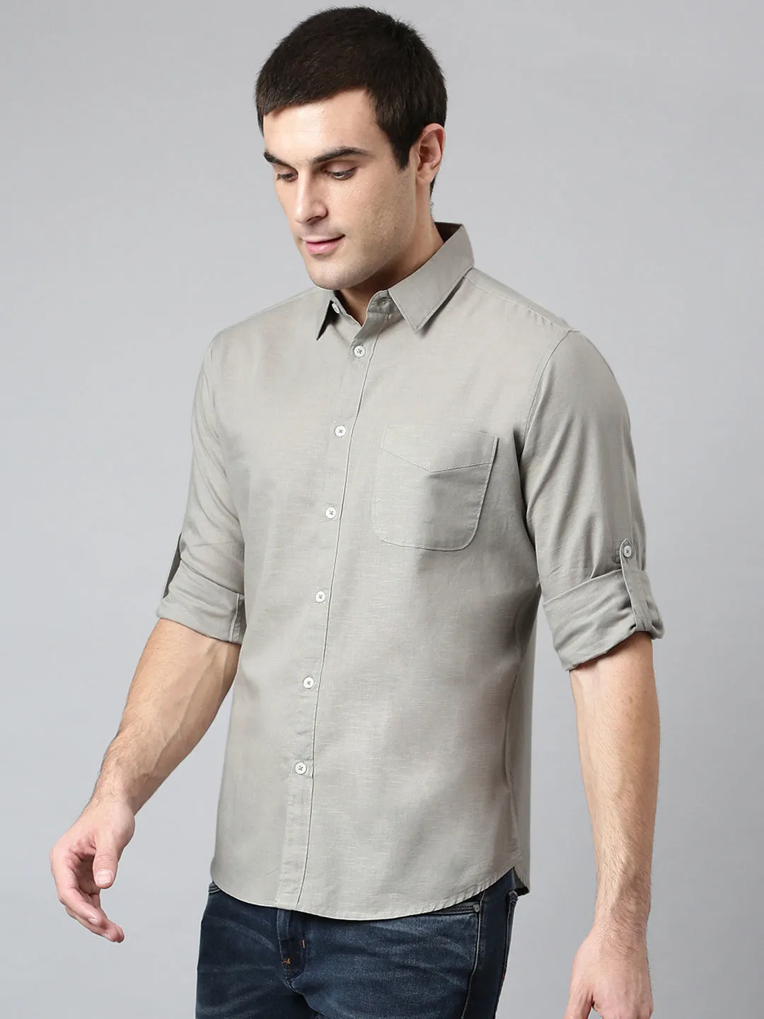 Men's Cotton Solid Grey Slim Fit Casual Shirt