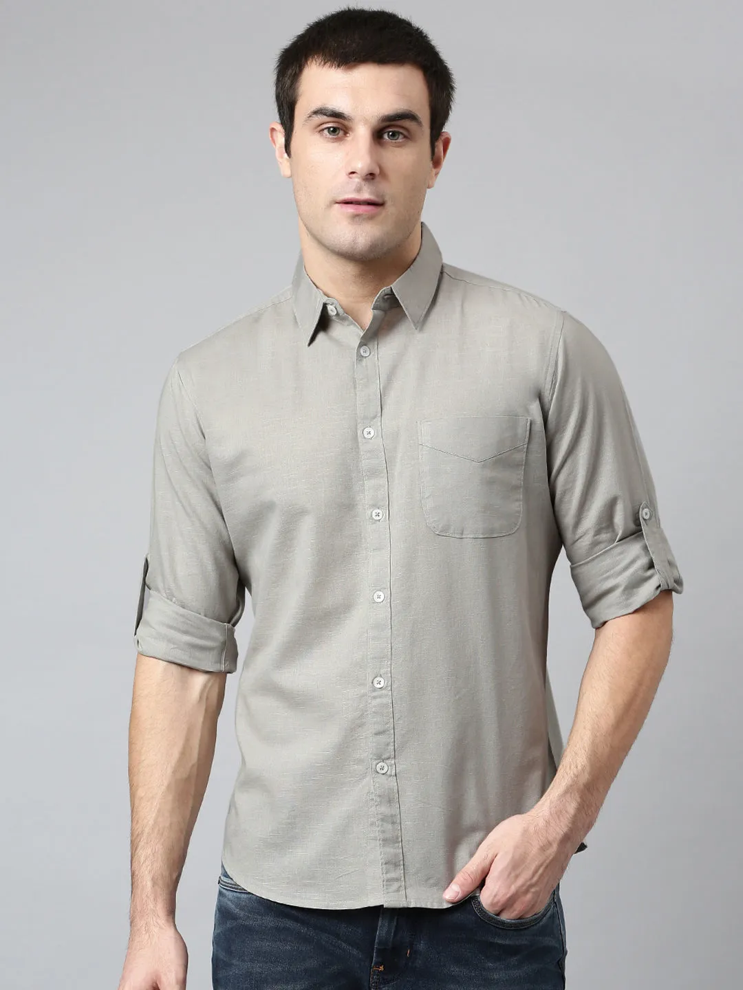 Men's Cotton Solid Grey Slim Fit Casual Shirt